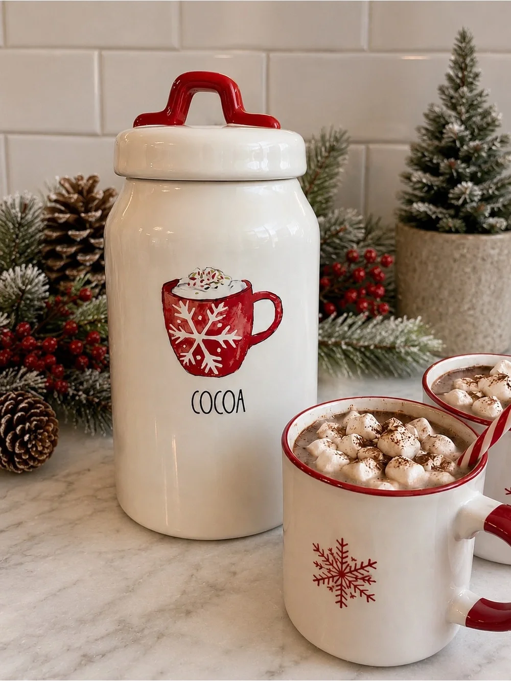 Rae Dunn COCOA Canister Artisan Collection Red Handle Holiday Hot Chocolate Jar